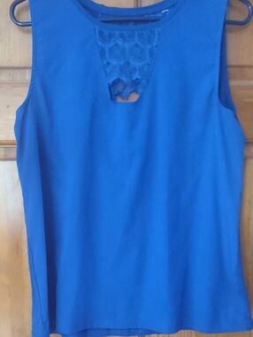 Women's Blue Sleeveless Lace-Yoke Shell Top